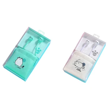 

2 Set Cute Cat Wired Earphone with Mic Stereo Earbuds with Earphone Case for Xiaomi Samsung-Green & White