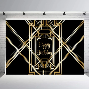 

Happy Birthday Backdrop The Great Gatsby Theme Irregular Black Gold Stripe Photography Background Vinyl 1920s party decor B-900