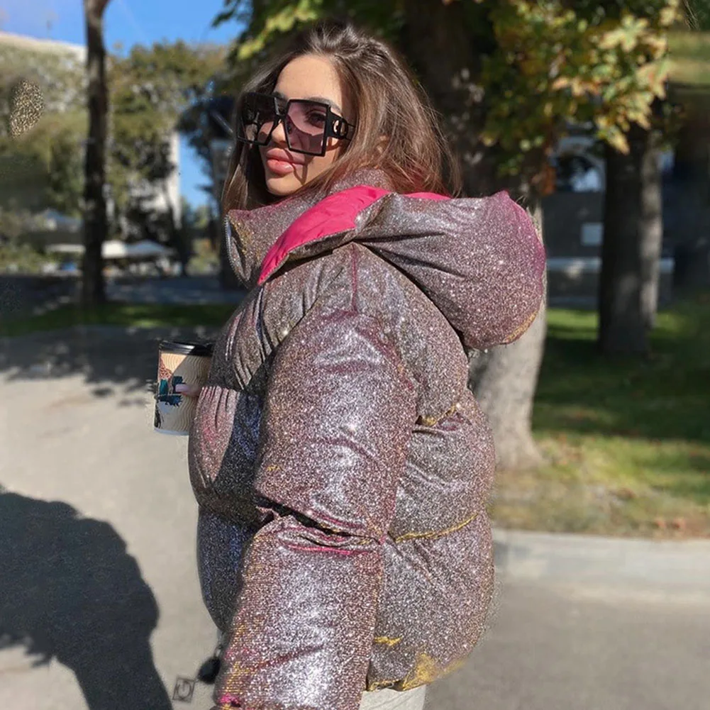 Осенне зимняя блестящая Светоотражающая куртка пуховик парка женские теплые