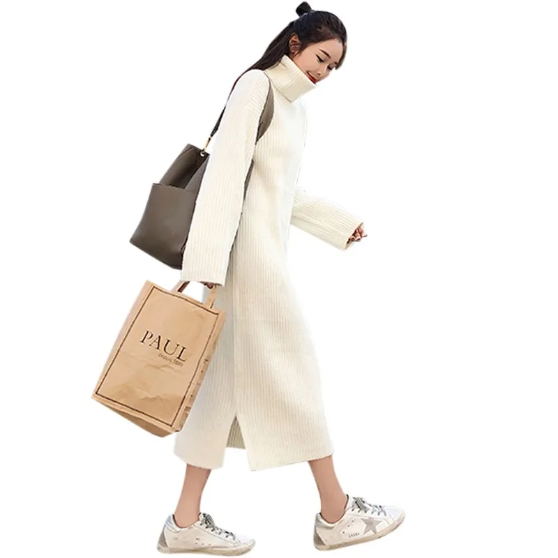 

Turtleneck Knitted Sweater Dress Sexy Split Long Sleeve Women's 2019 New Autumn Winter Solid Maxi Dresses Loose Long Dress
