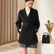 

2022 Spring And Autumn New Medium Length Simple Solid Color 100% High Count Wool Double-sided Tweed Coat Women's Coat