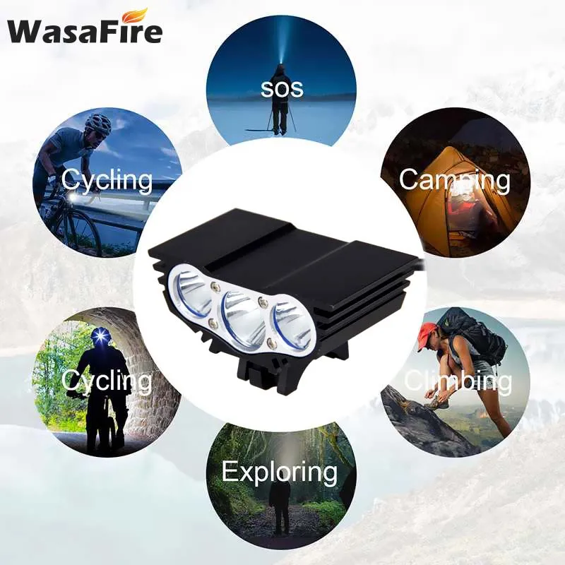 WasaFire 3* XM-L T6 светодиодный велосипедный светильник 5000лм 4 режима велосипедный передний светильник водонепроницаемый велосипедный головной светильник налобный фонарь с аккумулятором 9600 мАч