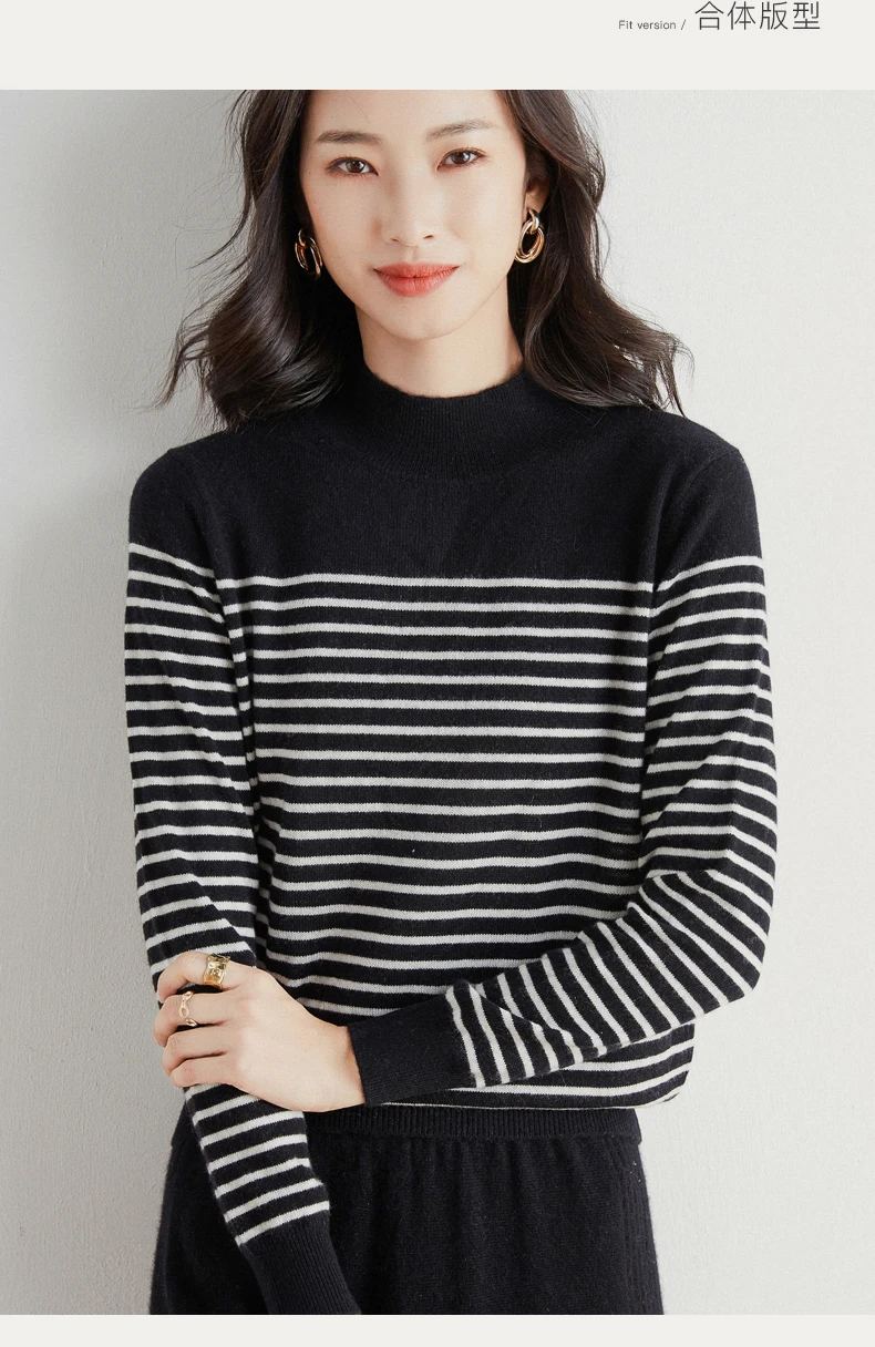 pullover sweater Autumn And Winter New Women Striped Cashmere Wool Blended Sweater Female Half-high Collar Knitted Pullover Thick Warm Jumper turtleneck sweater