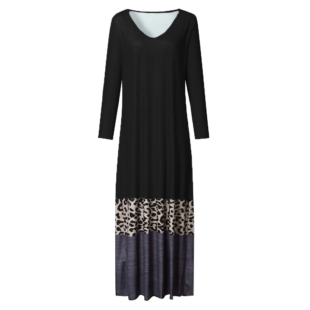 Модное женское осеннее платье с длинным рукавом и v-образным вырезом, леопардовое лоскутное повседневное длинное платье, женские макси платья, Vestidos M835