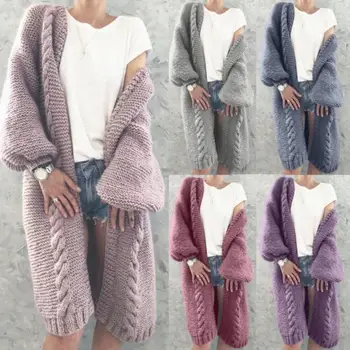 

Women Autumn Winter Long Puff Sleeve Knitted Cardigan Warm Soft Solid Color Long Coat