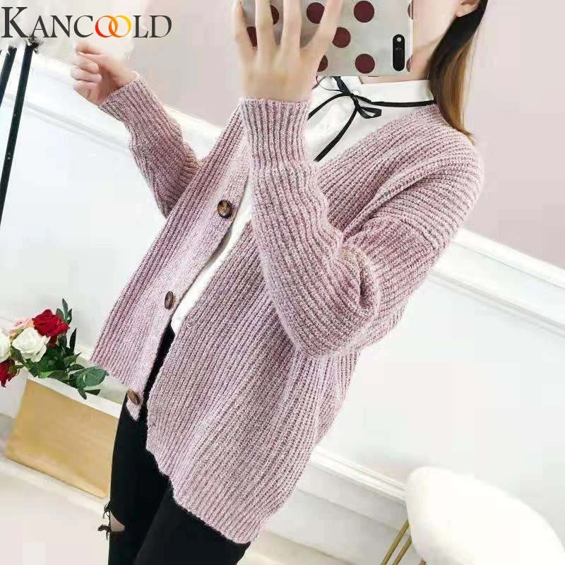 KANCOOLD Winter Women Knitted Cardigan Swearter V Neck Lantern Long Sleeve Solid Loose Thick Knitting Cardigan Female 5 Colors