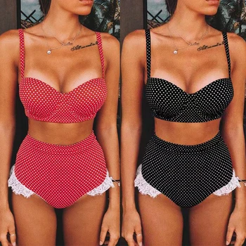 

Hirigin Cute Dot Bikini Women Sexy Swimwear 2020 New High Wasit Ruffles Style Push Up Padded Bathing Suit Women Swimming Suit