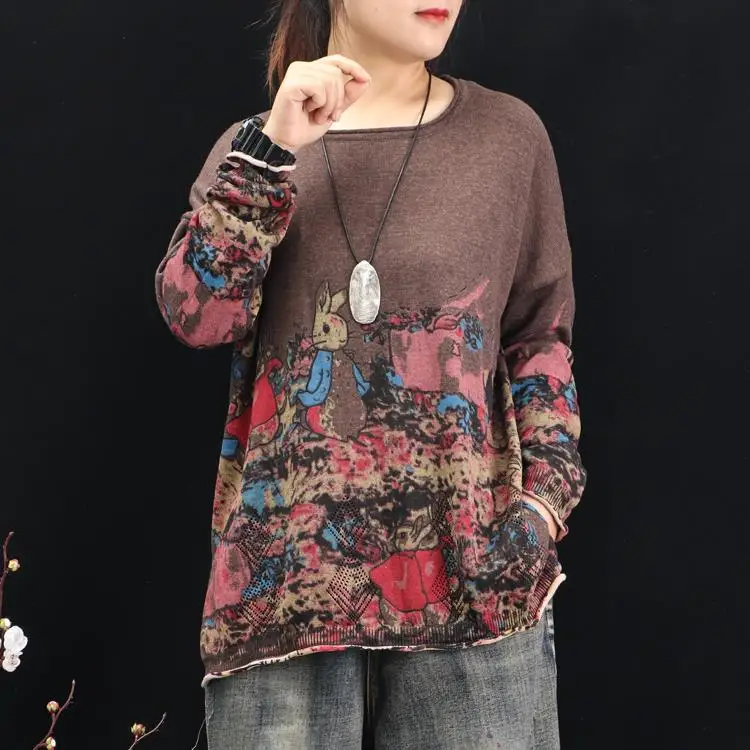 

Harajuku Abstract Rabbits Printing Knit Sweater Female Loose Curling Neck Cuff Retro Pull Autumn Cartoon Pullovers Personalized