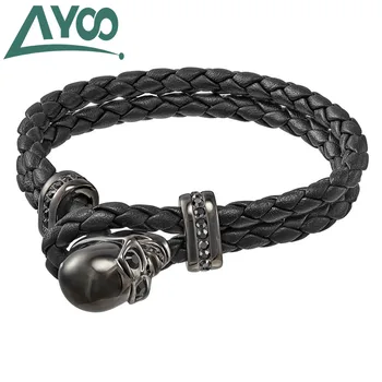 

AYOO High Quality SWA Fashion High Quality Shiny Crystal Skull Men's Leather Woven Rope Bracelet