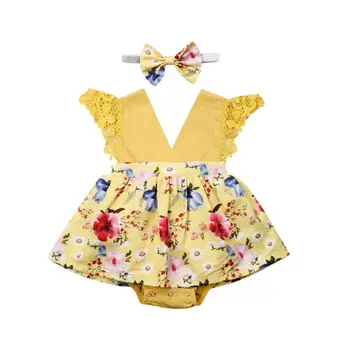 

0-24M Newborn Baby Girls Ruffles Rompers Flower Lace Jumpsuit V neck Girls Costumes Summer Cute Baby Clothes