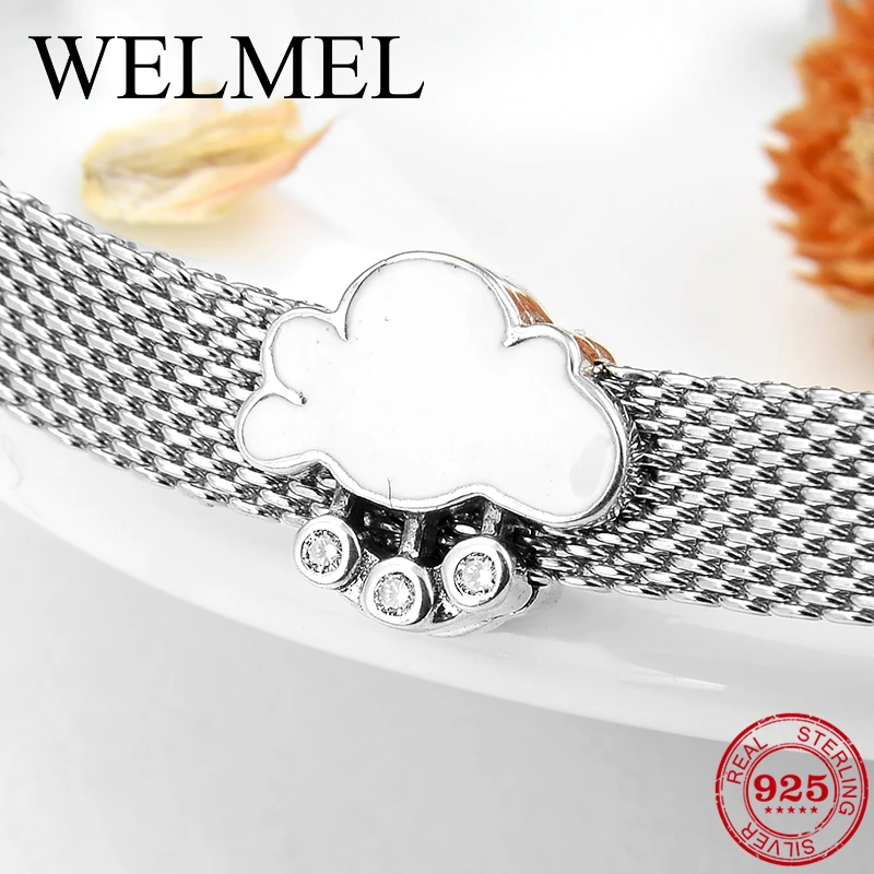925 Sterling Silver White Enamel Rainbow Rain Clip Beads With CZ fit Original Reflection Charm Women Bracelet Watch Fine Jewelry