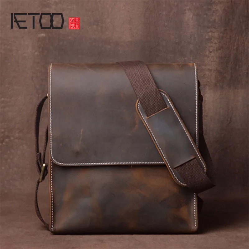 AETOO, мужская сумка на плечо, натуральная кожа, маленькая, винтажная, ручная работа, Crazy Horse, кожаная сумка