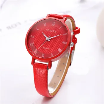 

Brief Fashion Women Watch GENEVA Red Leather Belt Casual Watches Woman Quartz Dress Ladies Clock relogio feminino Gift 2019