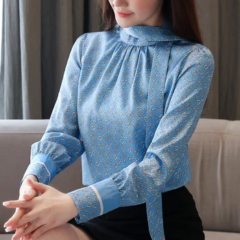 

Women chiffon shirt New 2020 Spring long sleeve bow blouse shirt Elegant slim office lady print shirt