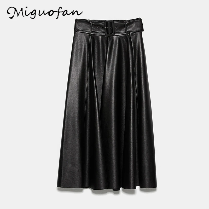 Черный Miguofan, женские юбки, искусственная кожа, юбка, черная, миди, юбка, галстук-бабочка, пояс, молния, трапециевидная, женская, базовая, Ретро стиль, модные юбки, mujer - Цвет: Черный