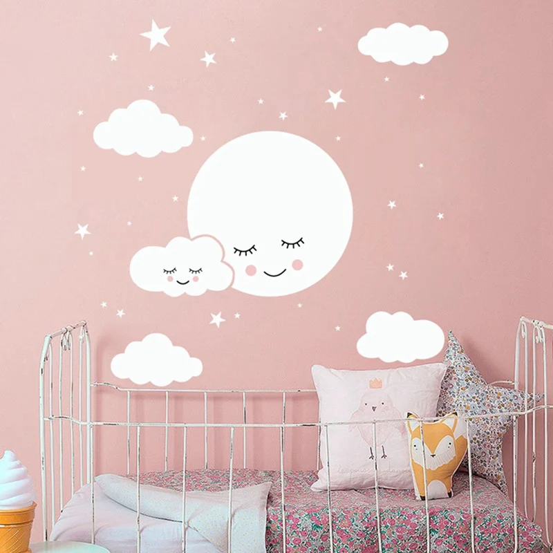 Stars White Cloud Decal Cartoon Wall Stickers For Kids Rooms Home Bedroom Decoration Stickers Baby Mural Wallpaper