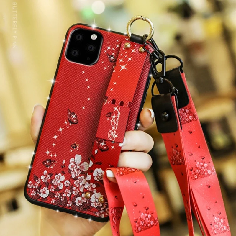 

Teppka Case For iPhone 11 Pro Xs Xr 11 Pro max 7 6S 8 6 Plus Case Bling Glitter Strap wristband Embossing Cover For iPhone 11