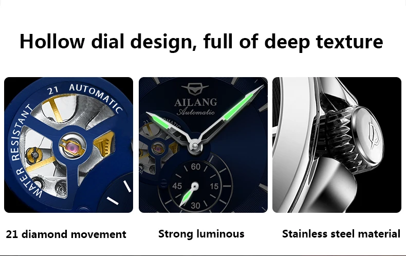 AILANG 2024 Fashion Blue Mechanical Watch For Men Stainless Steel Mens Watches Top Brand Luxury Automatic Skeleton Wristwatches_voghion.com