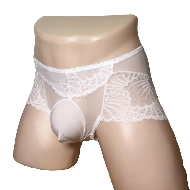 Sexy Sissy Men Sheer Bulge Pouch Lace Panties Stockings Penis Sheath Boxer Shorts Male Breathable Gay Underwear Lingerie