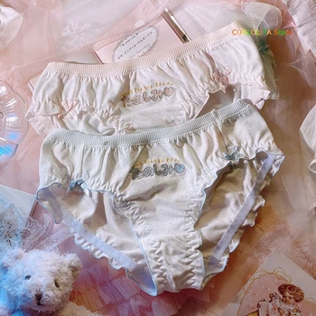 

Japanese Soft Sister Sweet Cute Wide-brim Briefs Japanese Embroidery Bowknot Cotton Low-Waist Underwear Girls Student Panties