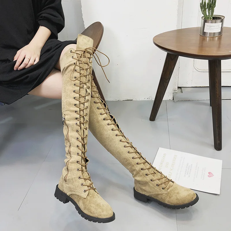 

2018 Thigh Boot Autumn And Winter Hot Selling New Style Europe And America round-Toe Cross over-the-Knee Lace-up Side Zipper 43