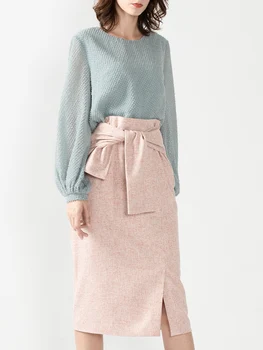 

Early Spring New A- line Dress Suit Slim Skirt Side Fork Blue Blouse round Neck Pullover 2-Piece Set 2020