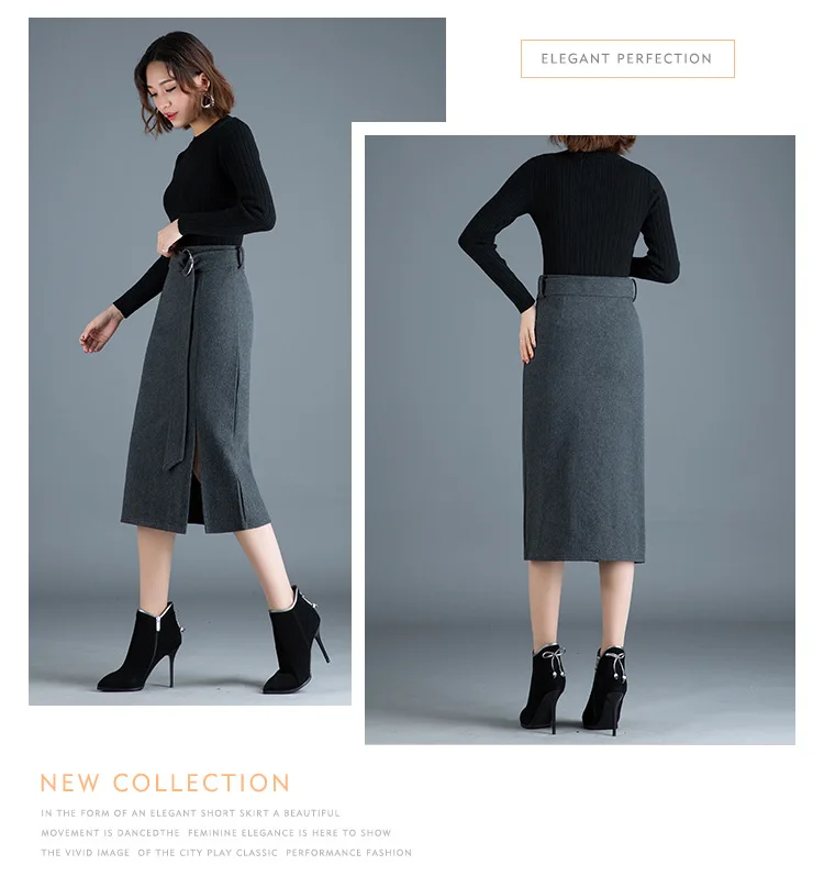 Autumn And Winter Women Hips Front Split Woolen Skirt Female Sexy Silm Skirts