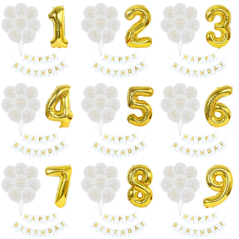 

1Set White Gold Number Happy 1 2 3 4 5 6 7 8 9 Year Birthday Balloons Banners Kids Boy Girl Party Decorations