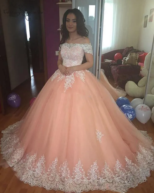 Персик розовые платья Quinceanera бальное платье с кружевными аппликациями, задняя часть корсета с открытыми плечами милые 16 платье День рождения Бальные платья