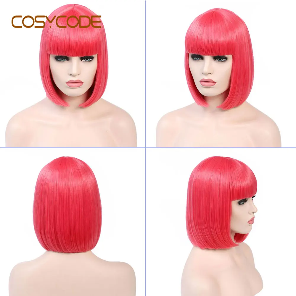 COSYCODE 30 см короткий боб парики с челкой 12 дюймов прямые некружевные синтетические косплей женские парики костюм красный бордовый розовый