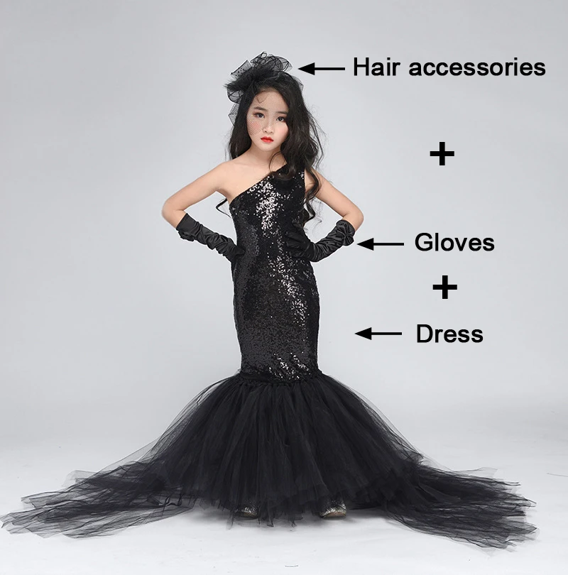 3-piece set Черное блестящее вечернее платье для маленьких девочек; элегантные костюмы русалки; большие размеры; платье для конкурса; вечерние платья для девочек-подростков - Цвет: 3-piece set