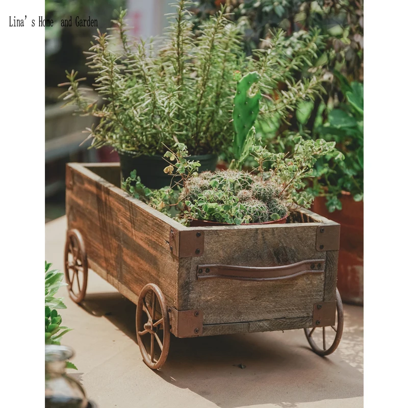 Садовый декор винтажный потертый шик деревянный сеялка на колесах