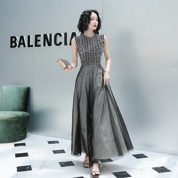

Female Grey Mesh Evening Party Dress Sexy Hollow Out Sequins Cheongsam Elegant Sleeveless Big Size 3XL Qipao Vestidos