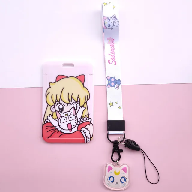 Anime Kawaii Cartoon Moon Cat Lanyard Wristband Credit Card ID Holder Bus Pass Staff Name Tag Badge Holders for Girls I