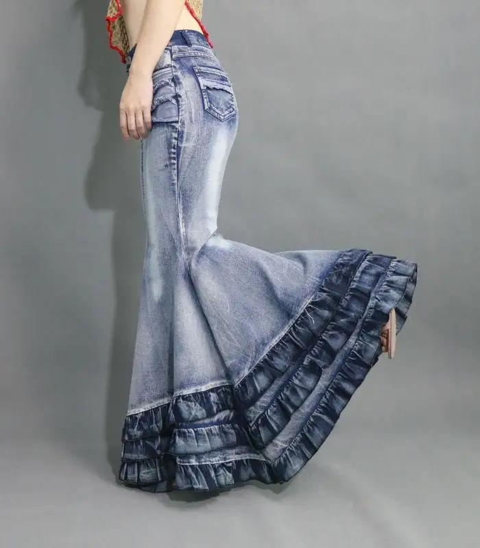 European fashion women sexy high quality denim jeans bodycon tie dyeing gradient color layered ruffles mermaid maxi long skirt