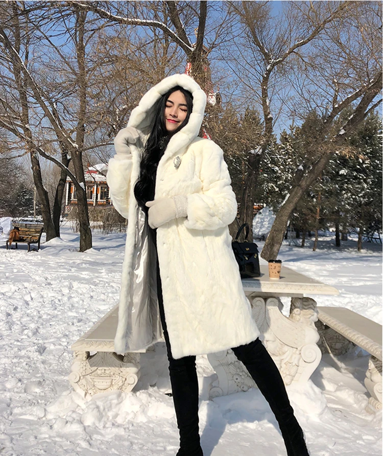 Норка весь мех Женская длинная юбка пальто с капюшоном зимняя Толстая теплая женская Норковая Меховая куртка