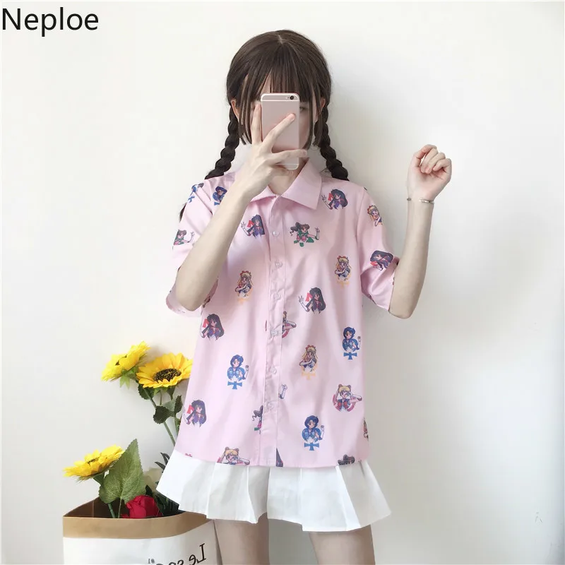 Neploe Сейлор Мун розовые рубашки с коротким рукавом Harajuku Ulzzang Tumblr женская летняя блузка повседневная косплей милый забавный японский Топ