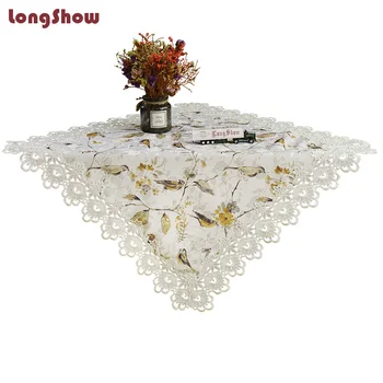 

Elegant 100% Polyester Yellow Sparrow Pattern Pastoral Style Floral Embroidered Lace Large Tablecloth For Wedding Party Decor