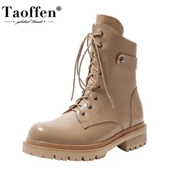 

TAOFFEN Real Leather Women Ankle Boots Cross Strap Zipper Shoes Metal Decoration Warm Boots Fashion Women Footwear Size 34-39