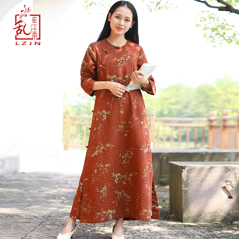

LZJN 2019 Women Autumn Elegant Chinese Qipao Dress Casual Loose O Neck Knot Button Three Quarter Sleeve Long Cotton Linen Dress