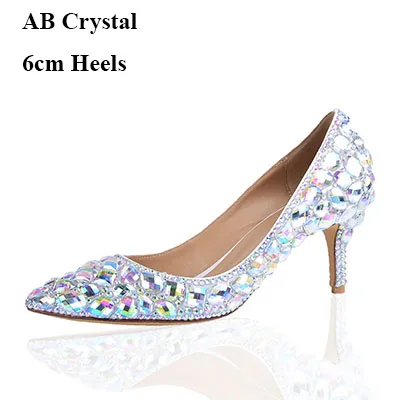 Handmade Kitten Heel Silver AB Crystal Wedding High Heels 6cm Comfortable Cinderella Prom Pumps Pointed Toes Bride Shoes - Цвет: Silver AB Crystal