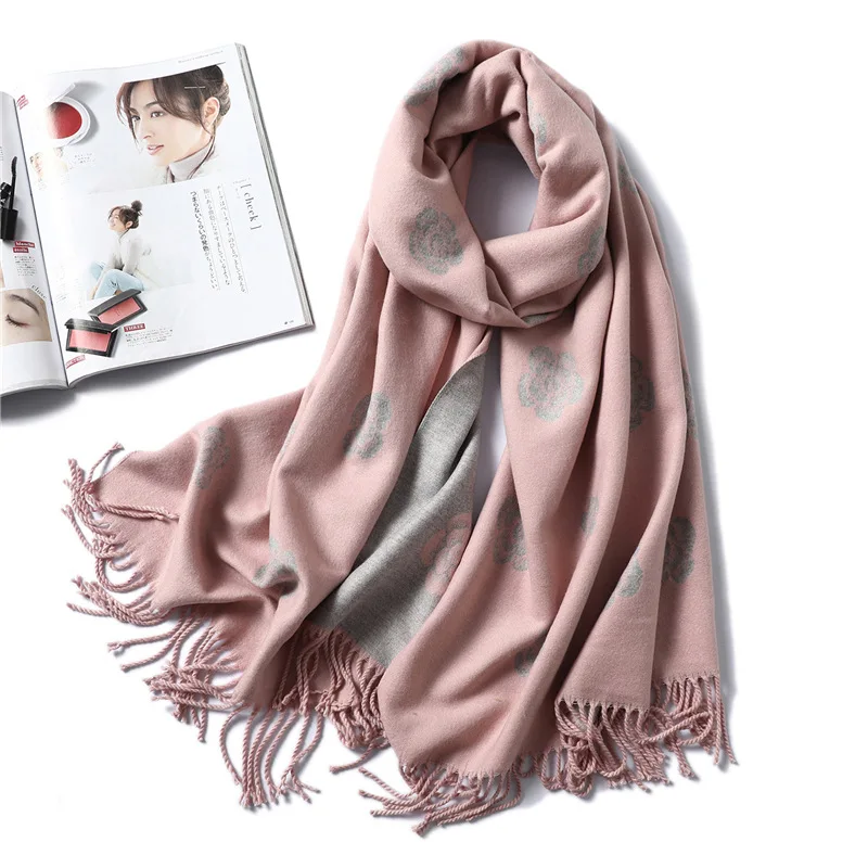 

2019 Fashion Winter Cashmere Women Scarf Blanket Pink Floral Print Pashmina Shawls Thick Double-sided Female Tassel Stole Hijab