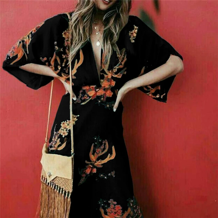 Черный V Neck Women Wrap Dress Floral Print Kimono Style Half Sleeve Long Maxi Dress Boho Ladies Beach Dress Vestido Plus Size 3XL - Цвет: Черный