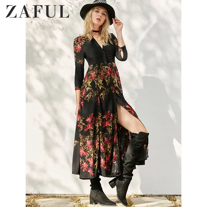 

ZAFUL 2019 Women Spring Dress 3/4 Sleeve Leaf Print Single Breasted Dress Street Fasion Dress