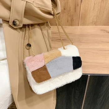 

Autumn Winter Fashion Shoulder Bags for Women 2020 Female Plush Handbag Purse Hit Color Soft Fluffy Chain Crossbody Bags