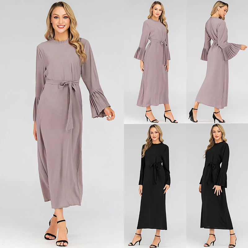 5XL размера плюс, длинные халаты, женское мусульманское длинное платье, плиссированное, с длинным рукавом, с поясом на талии, одноцветные, Средний Восток, рамаданс, платье абайя