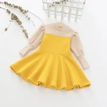 Новинка; сезон весна-осень; повседневное модное однотонное платье принцессы с длинными рукавами в стиле пэчворк для маленьких девочек