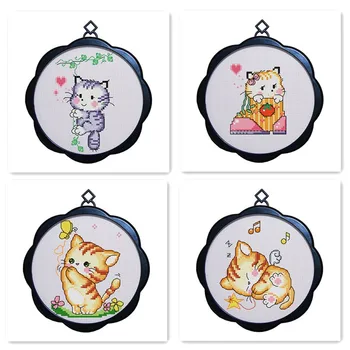

Joy Sunday Cross stitch kit with frame embroidery, small mini cartoon cute little cat wall decoration look handmade paintings