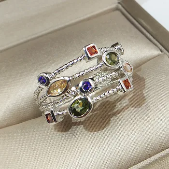 

New Fashion Silver Rings for Women Multi-layer Irregular Exquisite Shine Multicolor Zircon Crystal Inlay Wedding proposal Ring