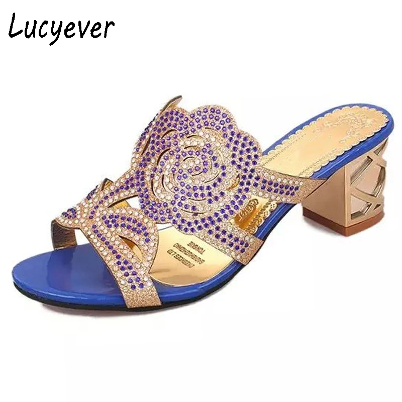 Lucyever 2019 женские шлепанцы с цветами Стразы украшением в виде кристаллов Босоножки